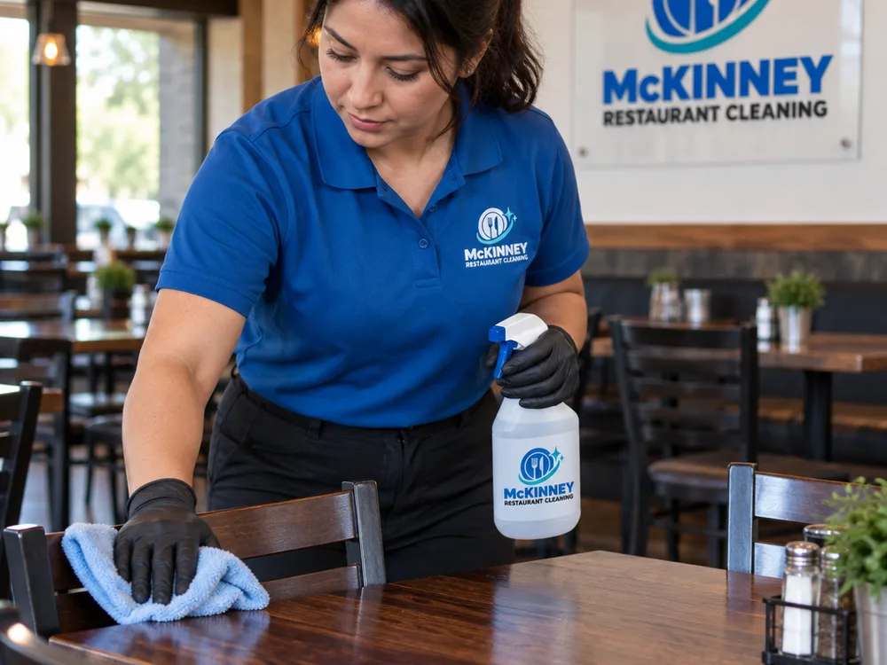Cleaner sanitizing a restaurant table and chair backs with labeled disinfectant