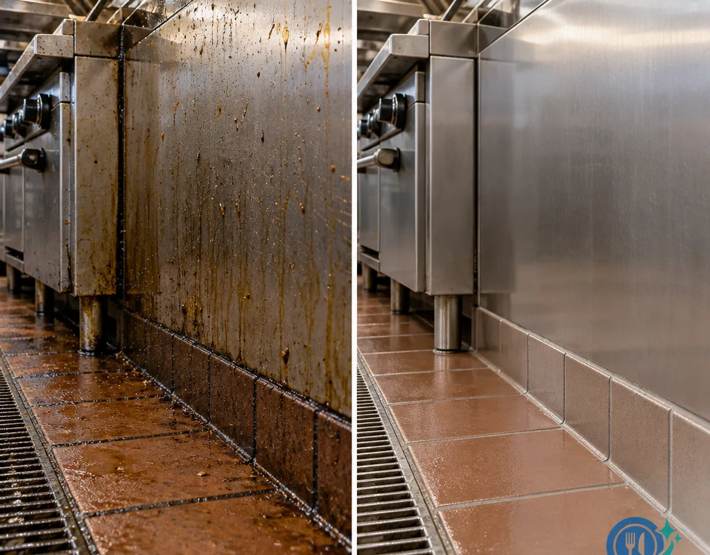 Before and after comparison of a commercial cook line wall, floor edge, and grout following deep cleaning