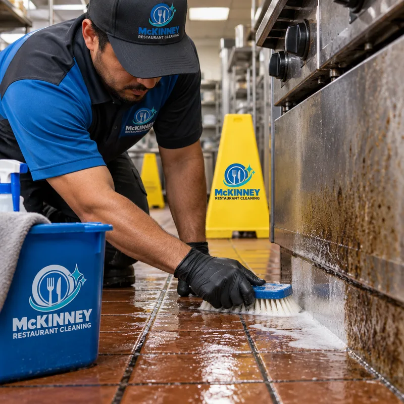 Technician scrubbing greasy grout and the base of a restaurant cook line using controlled water and caution cones