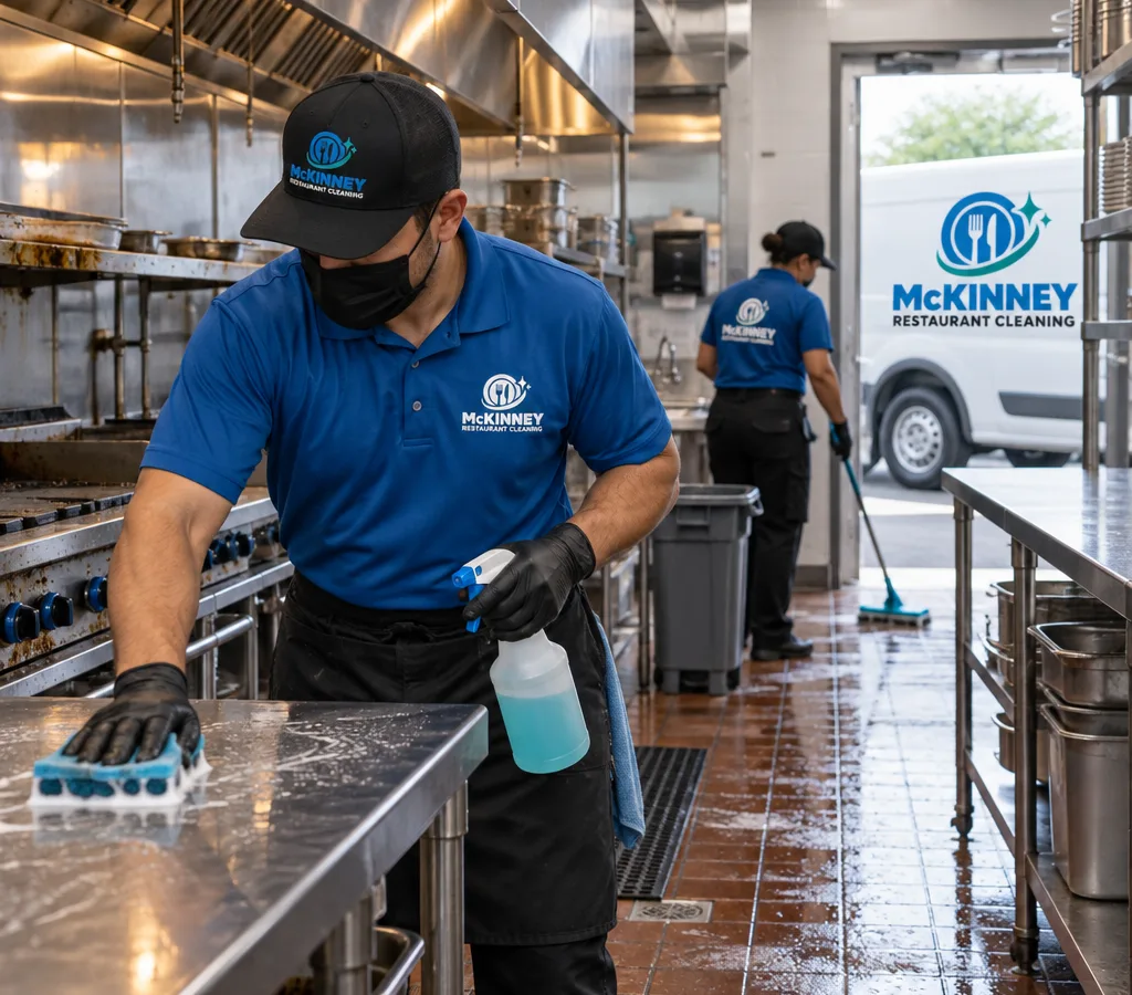 Cleaner in PPE detailing a commercial restaurant kitchen with stainless prep tables, hood line, and tile floor