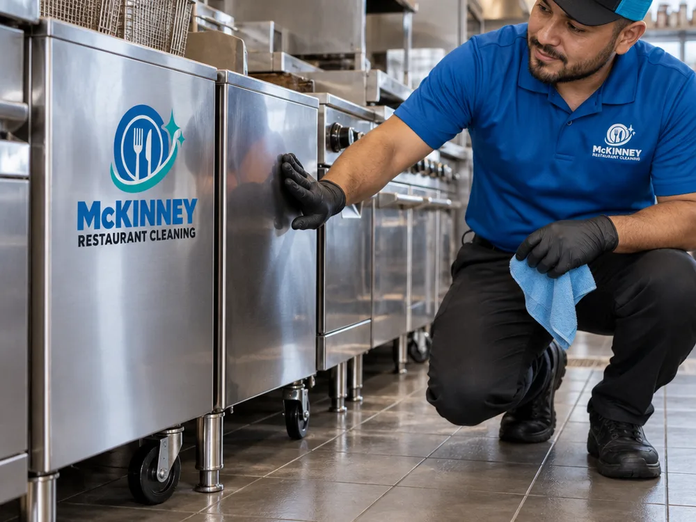 Clean stainless equipment fronts, fryer sides, casters, and floor during a final restaurant kitchen walkthrough