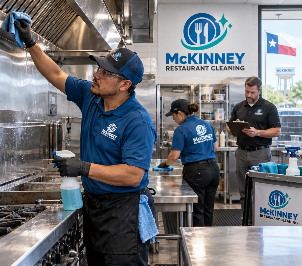 Commercial kitchen team deep cleaning a stainless prep line while a manager reviews a checklist