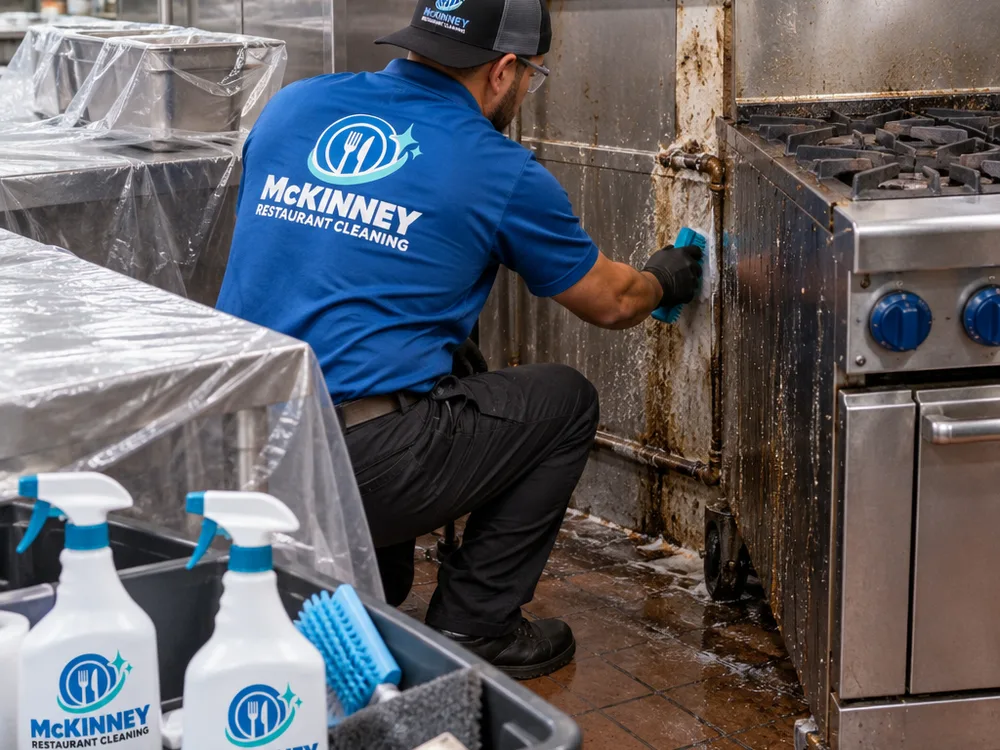 Technician cleaning behind a commercial range with nearby prep areas protected and degreasing tools staged neatly
