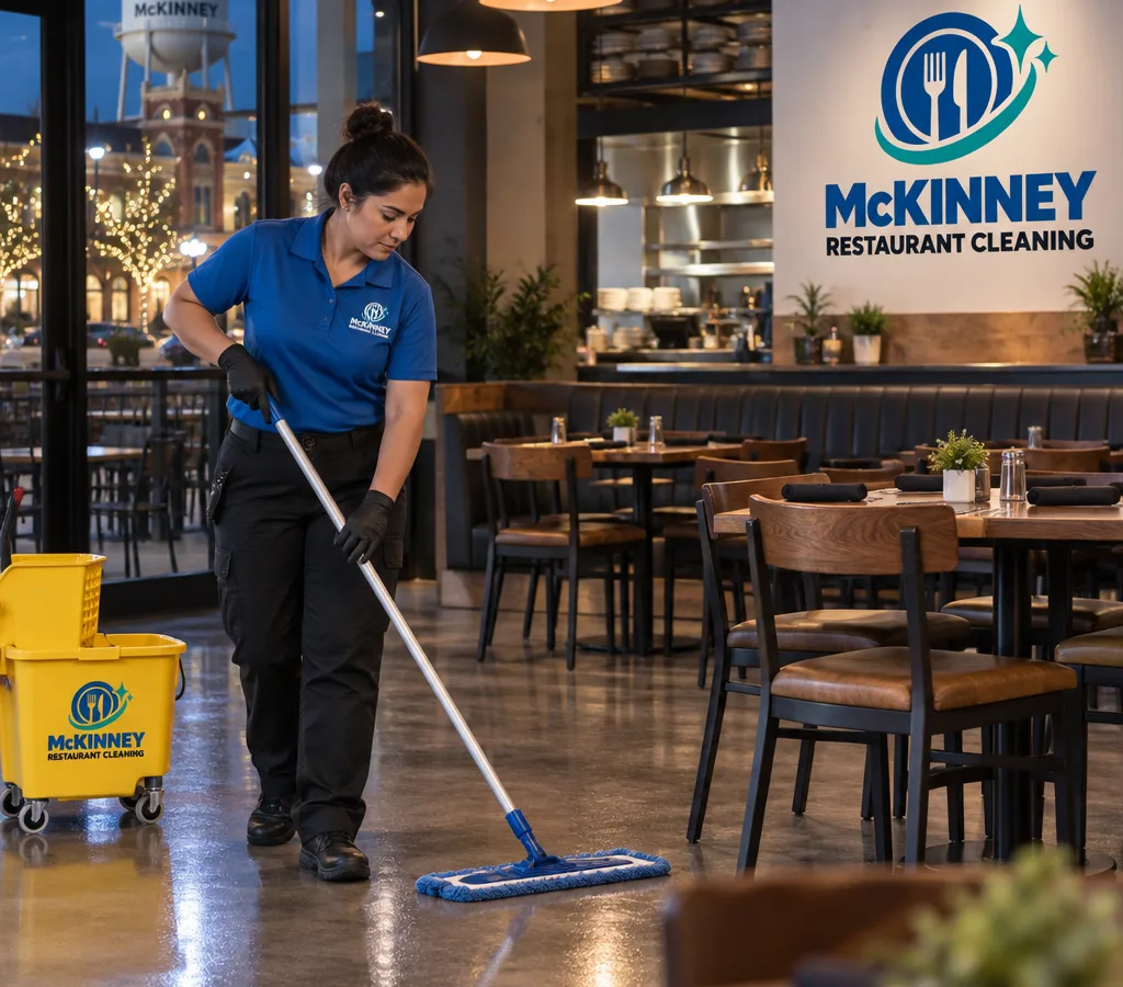 Cleaner mopping an after-hours McKinney restaurant dining room with tables and chairs staged for a guest-ready finish
