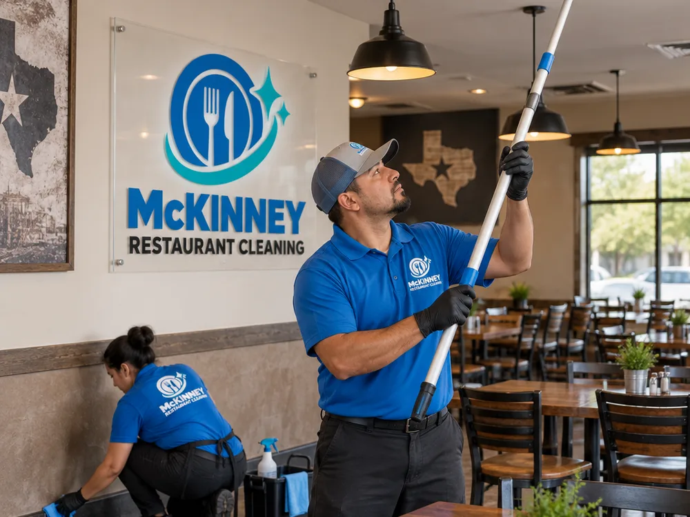 Cleaner dusting high vents and restaurant light fixtures while a second cleaner prepares to detail baseboards and corners