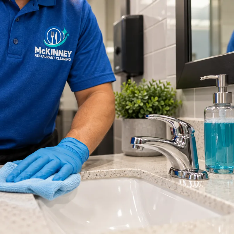 Sanitized restaurant restroom sink area with polished faucet, stocked soap dispenser, and clean counter edges