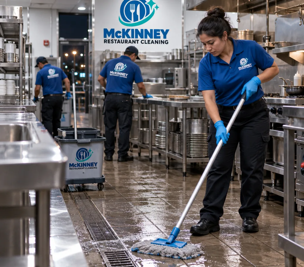 Late-night cleaning crew mopping a commercial restaurant kitchen floor with stainless prep tables and floor drains visible