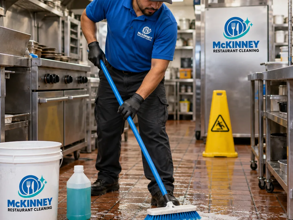 Cleaner using a deck brush and degreaser on a commercial kitchen tile floor near a floor drain