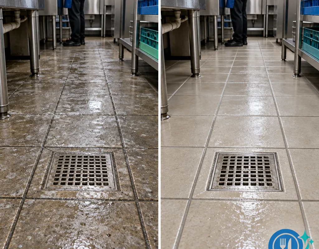 Before-and-after comparison of dish-area tile and grout near a restaurant floor sink