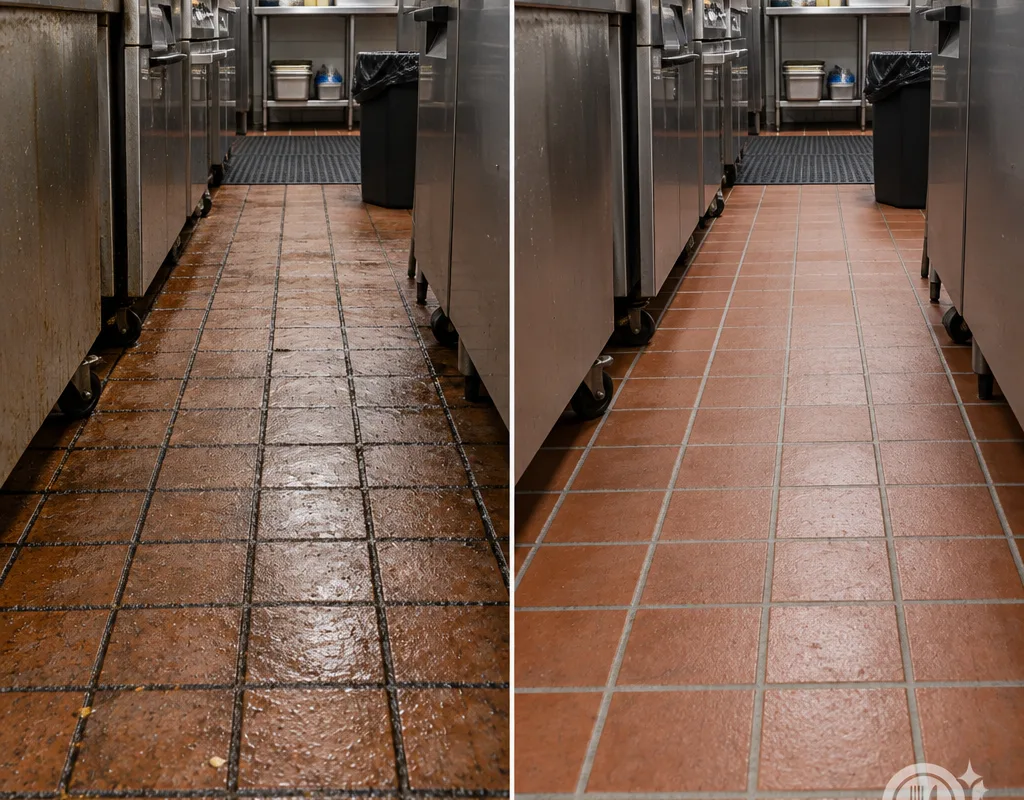 Before-and-after comparison of greasy and cleaned quarry tile along a fry station traffic lane