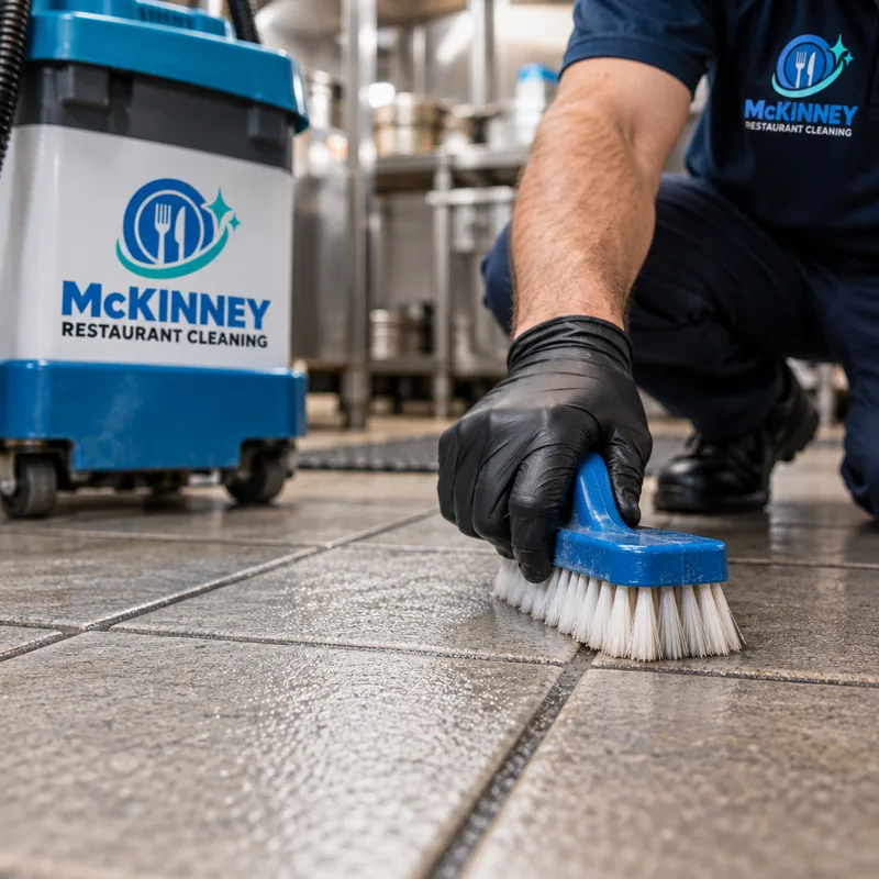 Close-up of cleaned grout lines and textured restaurant kitchen tile without glossy residue