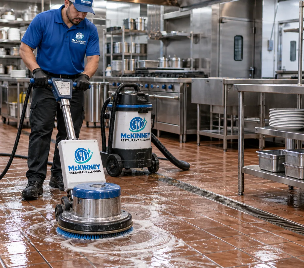 Technician scrubbing a commercial kitchen tile floor with a rotary floor machine and wet vacuum nearby