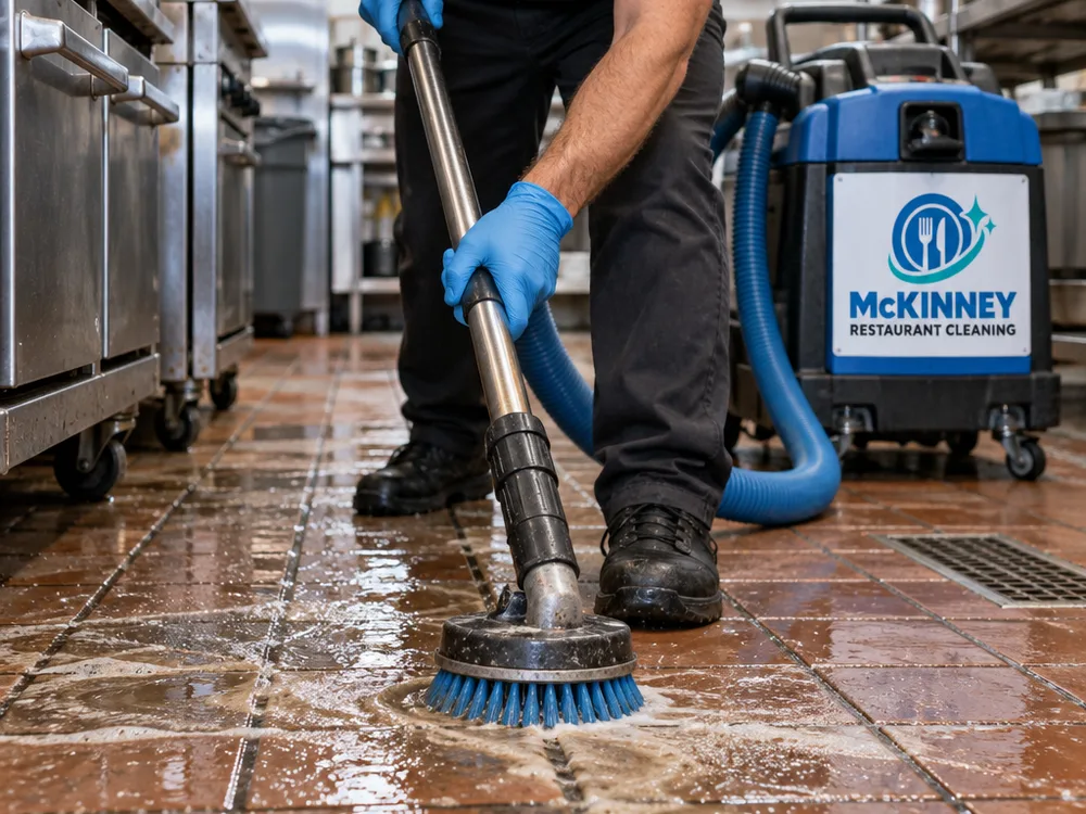 Brush head agitating a greasy grout line on a wet restaurant kitchen tile floor during extraction