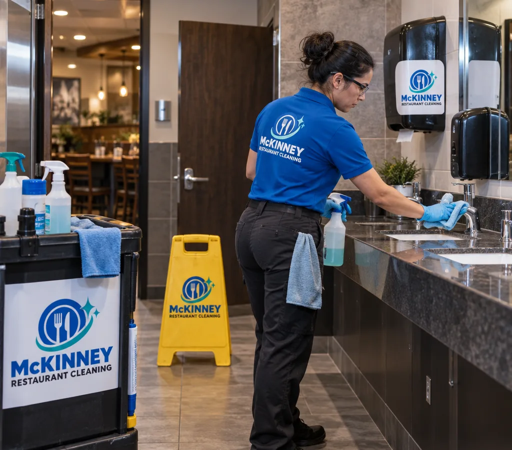 Professional cleaner disinfecting sinks, counters, faucets, dispensers, and door handles in an Allen restaurant restroom