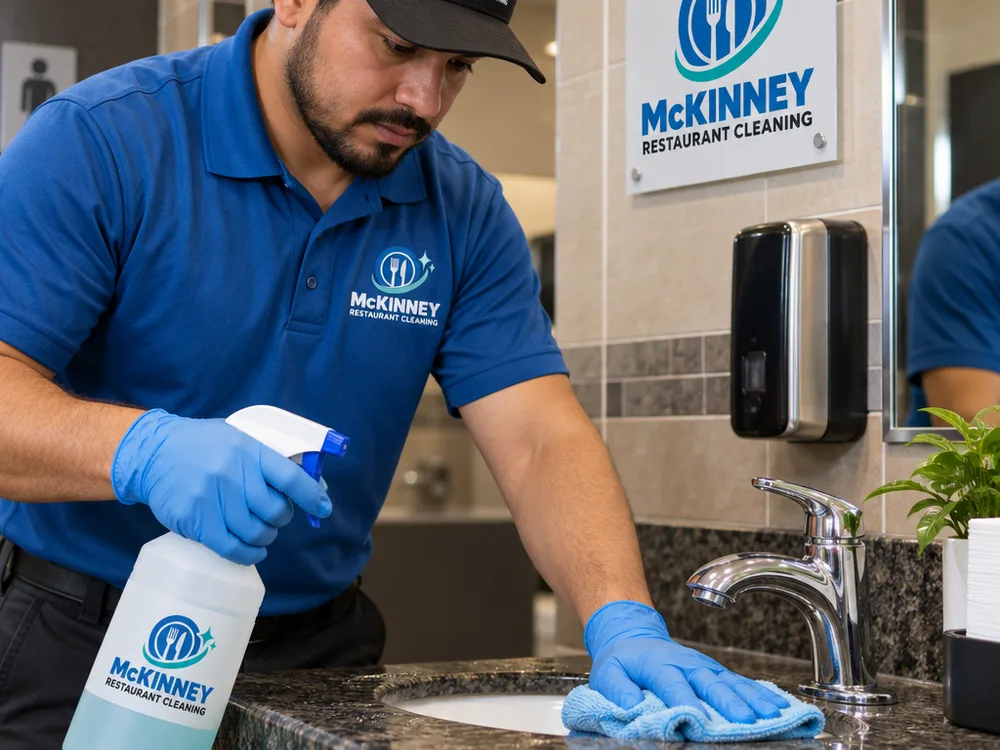 Gloved cleaner disinfecting a restaurant restroom faucet and counter with labeled disinfectant and microfiber cloths