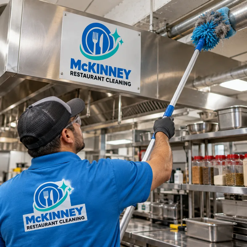 Technician using an extension pole to remove dust from high ledges and pipes above a commercial kitchen prep area