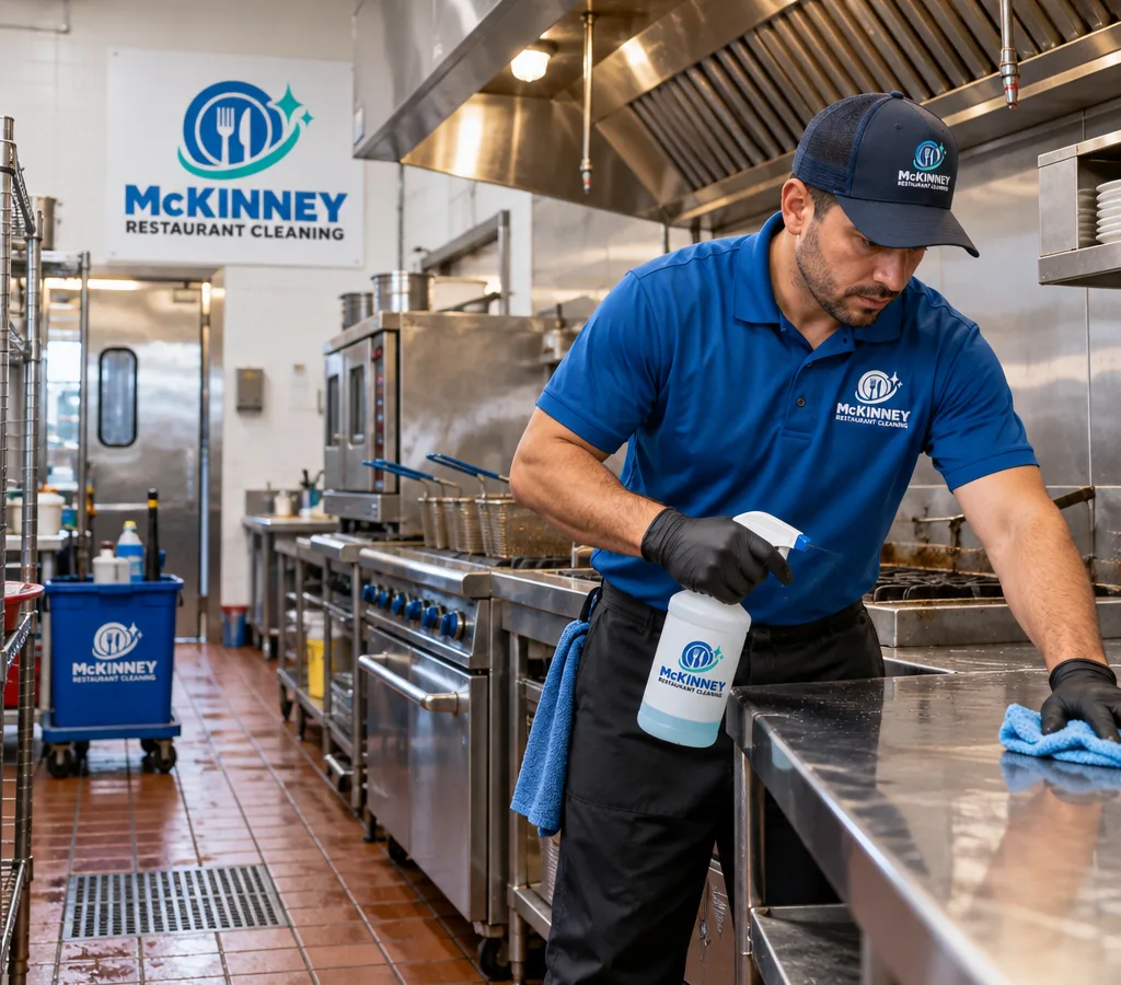 Technician cleaning stainless prep tables and degreasing a commercial restaurant cook line in Princeton
