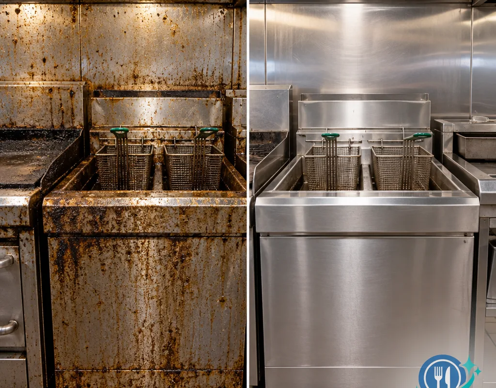 Before-and-after comparison of a greasy fryer bank exterior and surrounding stainless after detailed cleaning
