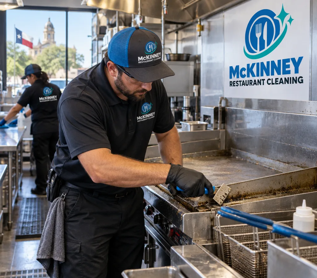 Technician cleaning stainless commercial cookline equipment and detailing fryer sides with food-safe tools