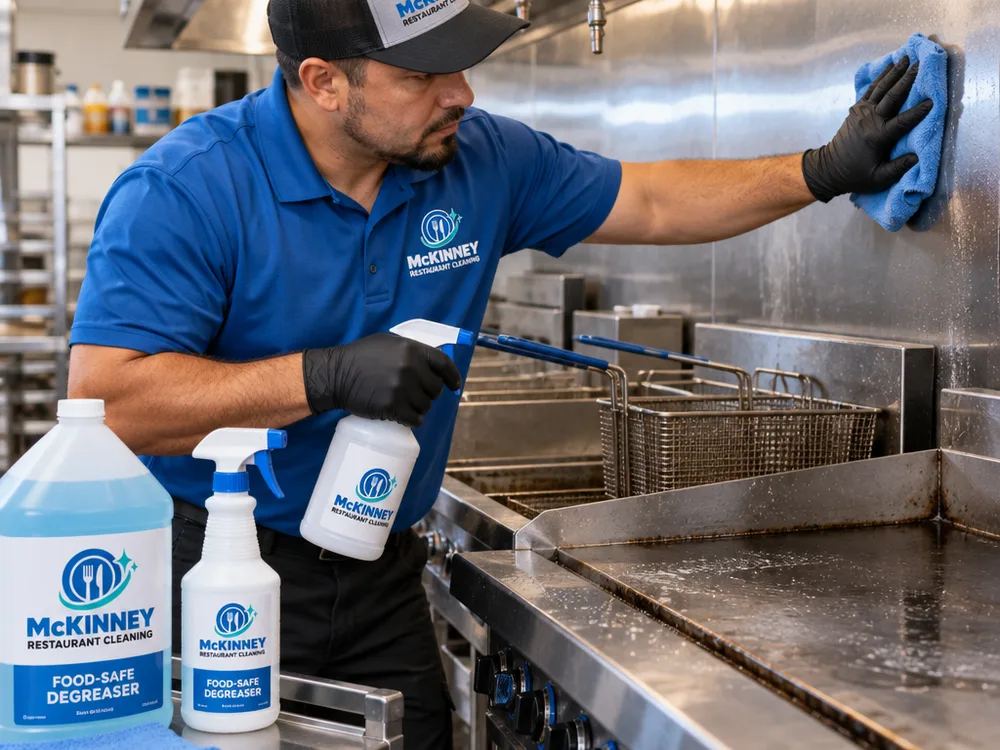 Technician detailing stainless around a commercial range and fryer with food-safe degreaser and microfiber cloths
