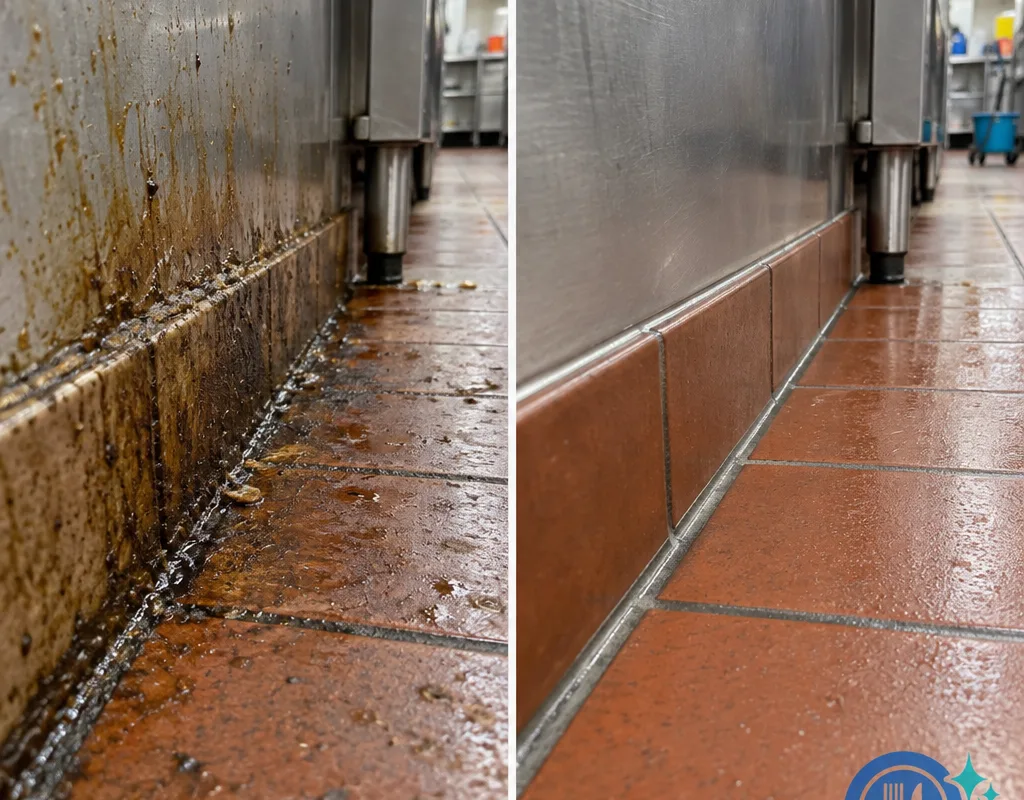Before-and-after view of grease and soil removed from a commercial kitchen floor edge and baseboard