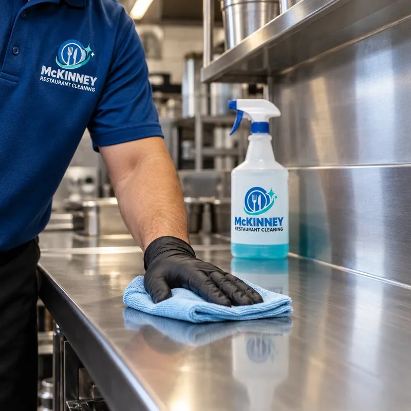 Streak-free stainless prep table and backsplash after detailed restaurant cleaning