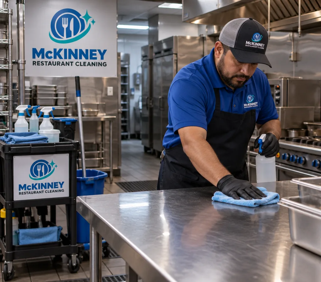 After-hours cleaning of stainless prep tables in an organized commercial restaurant kitchen