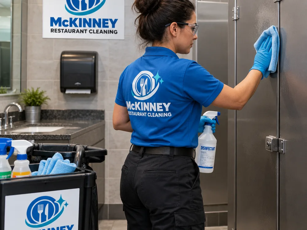 Technician disinfecting partitions and high-touch areas in a commercial restaurant restroom