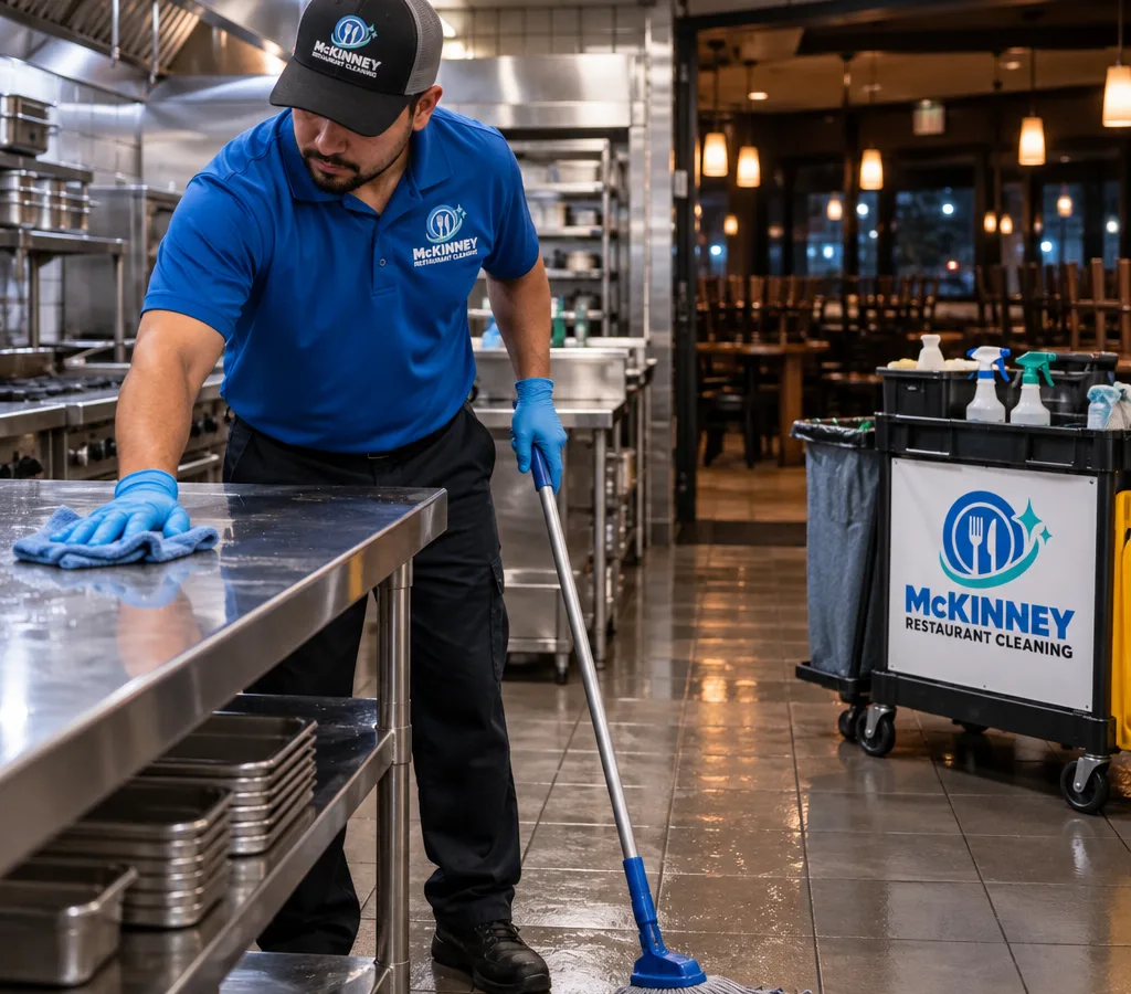 After-hours commercial restaurant cleaning in Plano with a technician cleaning stainless prep tables and a kitchen floor