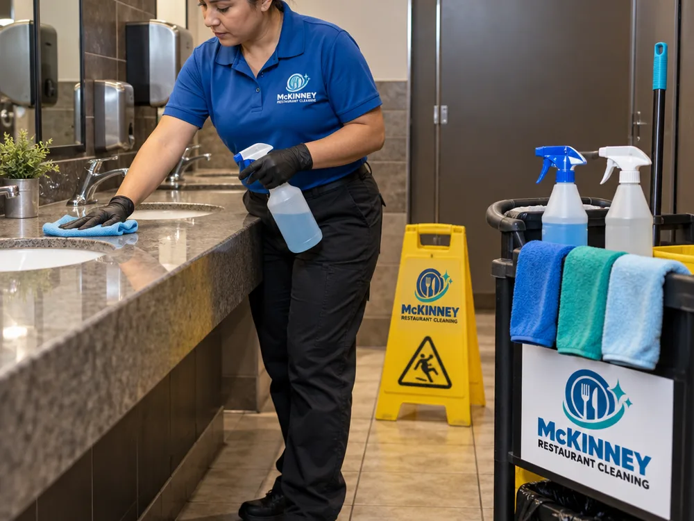 Cleaner detailing a restaurant restroom with organized commercial supplies and a wet floor sign