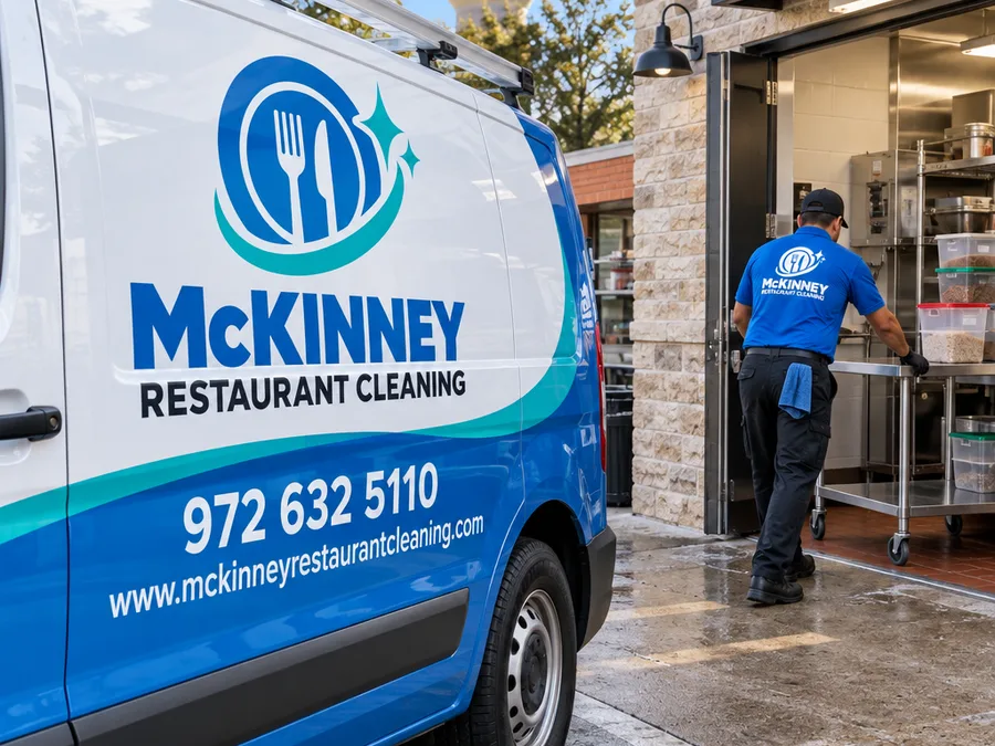 Restaurant cleaner moving a mobile prep table to clean behind and underneath it safely