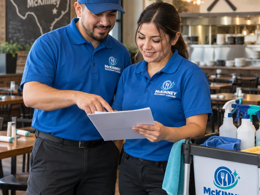 Two-person restaurant cleaning team reviewing a printed checklist in a dining area